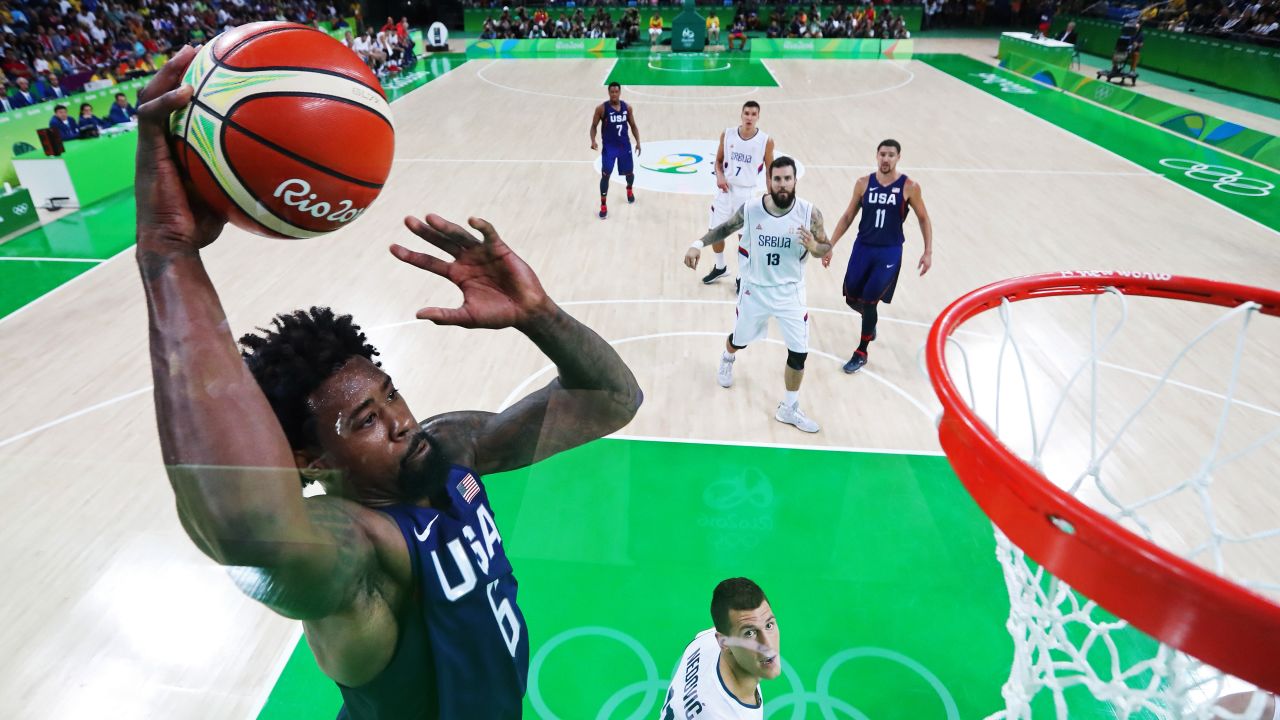 U.S. basketball player DeAndre Jordan goes for the hoop during the final game against Serbia.