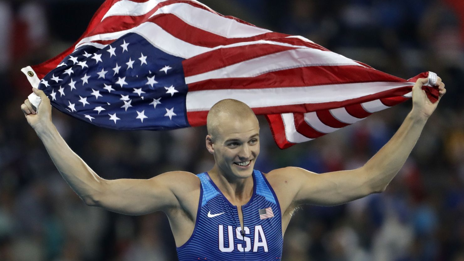 Bronze medal winner United States' Sam Kendricks celebrates after the final of the men's pole vault during the athletics competitions of the 2016 Summer Olympics at the Olympic stadium in Rio de Janeiro, Brazil, Monday, Aug. 15, 2016.