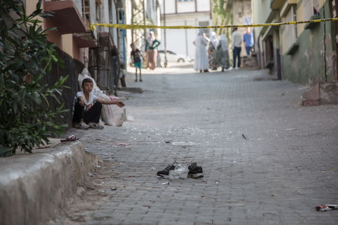 A pair of shoes remains near the scene of the weekend attack on a wedding party in Gaziantep, Turkey.