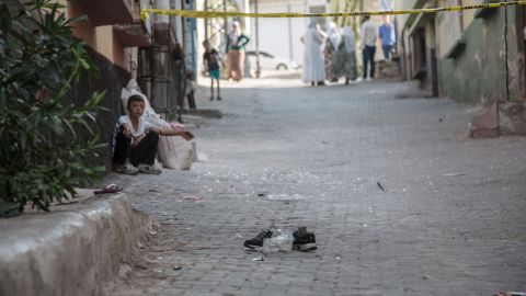 A pair of shoes remains near the scene of the weekend attack on a wedding party in Gaziantep, Turkey.
