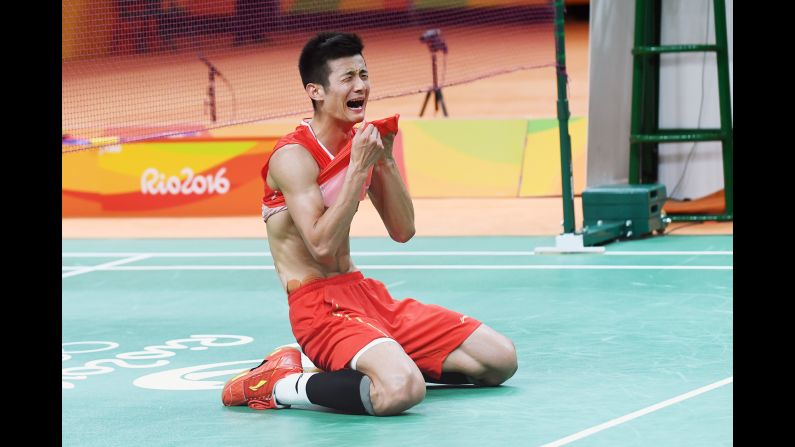 Chinese badminton player Chen Long reacts after winning singles gold on Saturday, August 20.