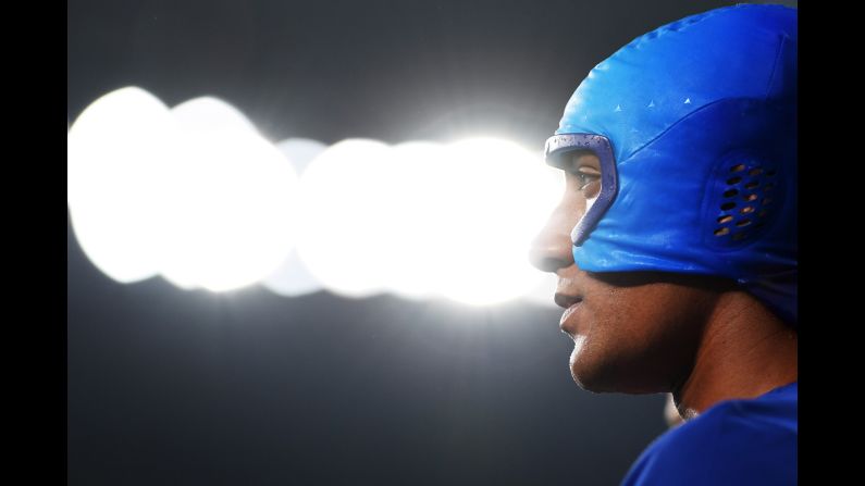 U.S. decathlete Ashton Eaton wears a cooling cap over his head during the high jump on Wednesday, August 17. Eaton <a href="index.php?page=&url=http%3A%2F%2Fwww.cnn.com%2F2016%2F08%2F18%2Fsport%2Fashton-eaton-decathlon-rio%2F" target="_blank">went on to win gold,</a> successfully defending the title he won in 2012.