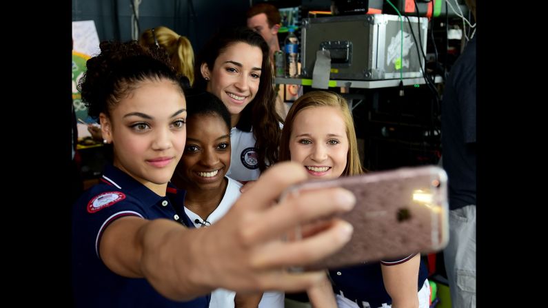 Gymnast Laurie Hernandez takes a selfie with three of her U.S. teammates -- from left, Simone Biles, Aly Raisman and Madison Kocian -- on Thursday, August 18. The four, along with Gabby Douglas, won all-around gold.