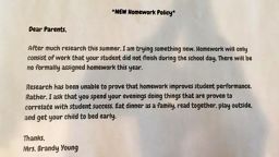 no homework slip Texas teacher's no homework policy goes viral.