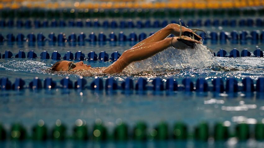TO GO WITH AFP STORY BY GABRIELLE TETRAULT-FARBER
Paralympic swimmer Alexander Makarov, Russia's Paralympic national team, swims during a training session in the town of Ruza, 100 km west of Moscow, on August 18, 2016. 
Russian Paralympic hopeful Alexander Makarov, a 19-year-old backstroke specialist, churns through 50 laps during his morning training session outside Moscow, preparing for Games he might have to watch from home. The International Paralympic Committee's decision this month to suspend Russia over evidence of state-sponsored doping has threatened to further tarnish the country's drug-tainted reputation and see all its Paralympians sidelined from Rio. / AFP / VASILY MAXIMOV / TO GO WITH AFP STORY BY GABRIELLE TETRAULT-FARBER        (Photo credit should read VASILY MAXIMOV/AFP/Getty Images)