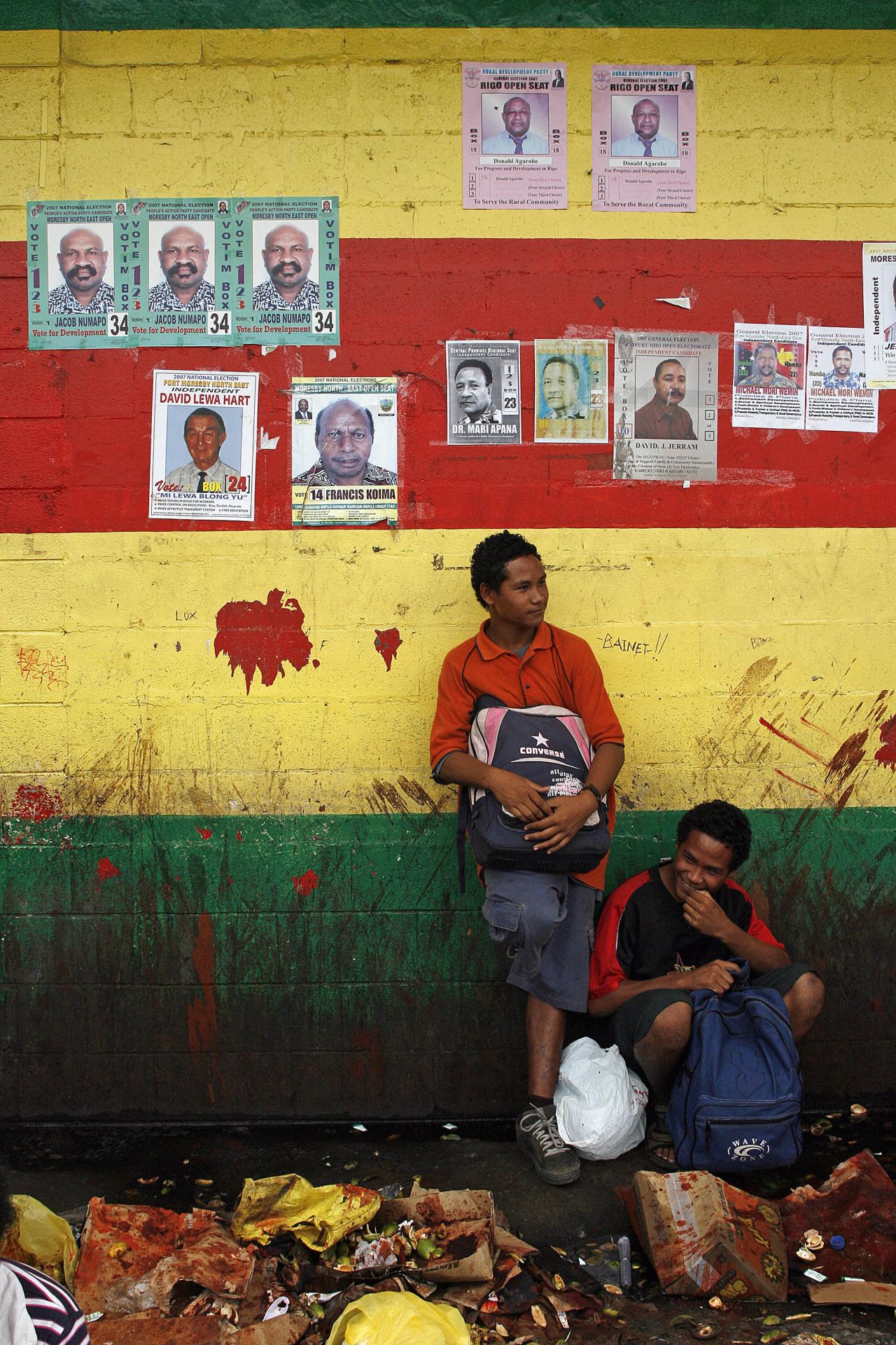 This stained wall in Port Moresby,  Papua New Guinea shows the unsightly red saliva betel nut users spit into the street when they chew.