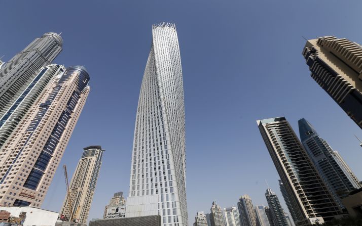 The Cayan Tower, designed by Skidmore, Owings & Merrill, is also in Dubai Marina. This twisting tower was a mere four meters shorter than Ocean Height Tower when it opened in 2013.