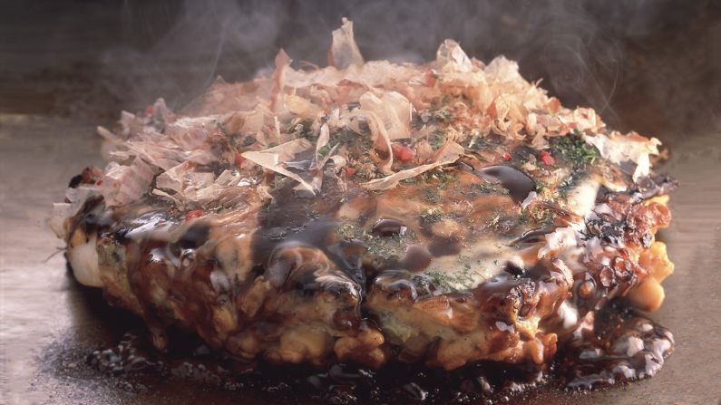Translating loosely as "as you like it," okonomiyaki is a savory pancake made with any number of ingredients -- thin slices of pork belly, octopus, shrimp and even cheese.