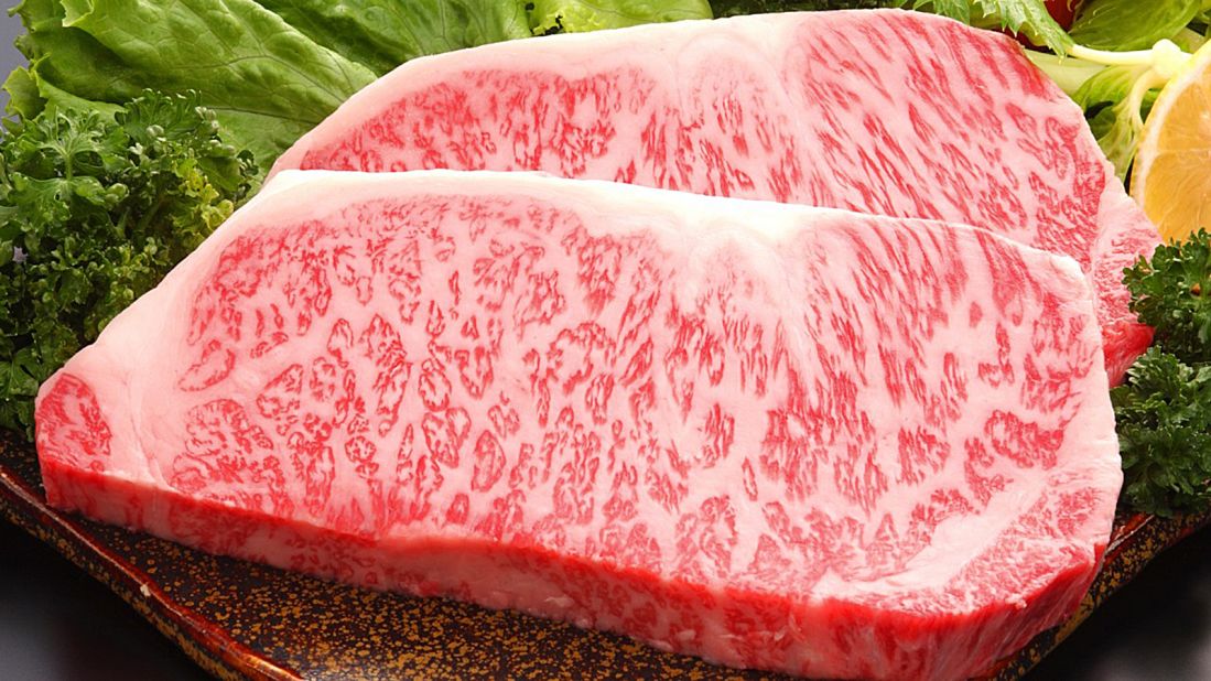 Wagyu is known for its even and pervasive marbling. When cooked, it's buttery, meltingly tender and contains mostly monounsaturated fatty acids (aka "the good fats").