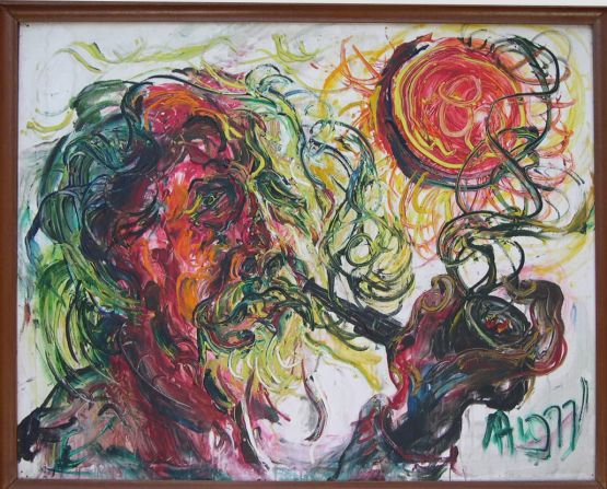 Affandi was also an artist of pure expressionism as his rhythmic brushstrokes show. This self portrait demonstrates a technique he started using in the late 1960s, where he squeezed paint directly onto the canvas. 