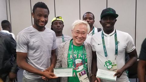 Katsuya Taksau with Mikel John Obi and Samson Siasia