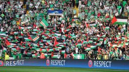 GLASGOW, SCOTLAND - AUGUST 17: Palestinian flags are waved by fans during the UEFA Champions League Play-off First leg match between Celtic and Hapoel Beer-Sheva at Celtic Park on August 17, 2016 in Glasgow, Scotland.  (Photo by Steve Welsh/Getty Images)