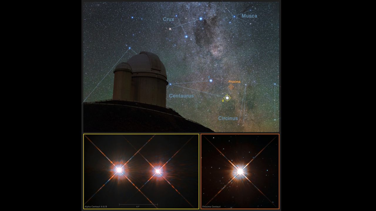 A view of the southern skies over the ESO 3.6-meter telescope at La Silla Observatory in Chile with images of the stars Proxima Centauri (lower right) and the double star Alpha Centauri AB (lower left).