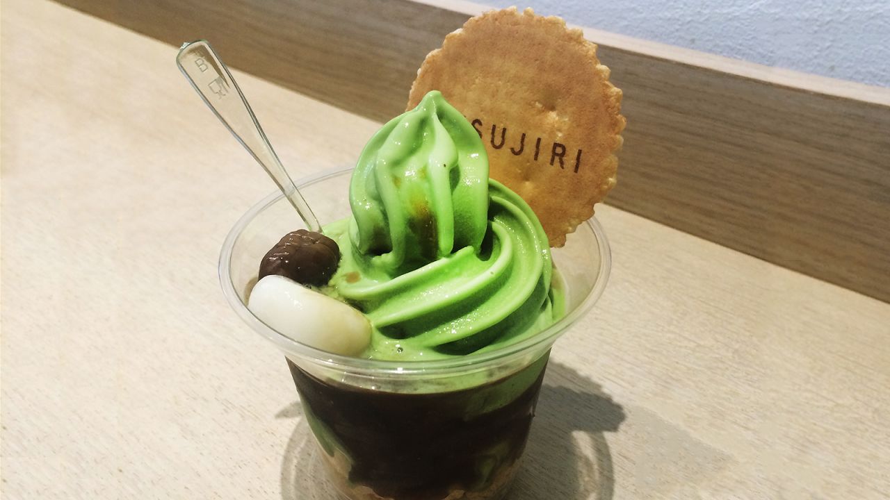In a matcha sundae, the slight hint of bitterness from the ice cream is balanced by the sweet red bean paste. This one from a Tsujiri store comes with chewy mochi and some crunchy toasted rice.