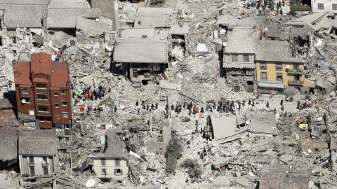 This aerial photo shows damaged buildings in Amatrice. The quake struck at 3:36 a.m and was felt across a broad swath of central Italy.