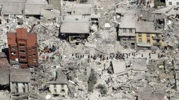 This aerial photo shows the damaged buildings in the town of Amatrice, central Italy, after an earthquake on August 24. The magnitude 6 quake struck at 3:36 a.m and was felt across a broad swath of central Italy.