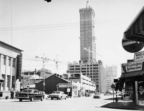 Construction of the Carlton Centre in 1973, on the site of the Carlton Hotel. The Centre was, and remains, the tallest skyscraper in Africa at 223 meters, and represented an ambitious step forward for the city.  