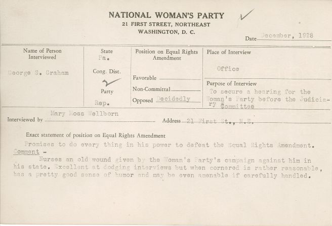 This 1928 National Woman's Party congressional voting card notes Republican George Graham's opposition to the Equal Rights Amendment. The interviewer writes that, despite opposition, he "may be even amenable if carefully handled."