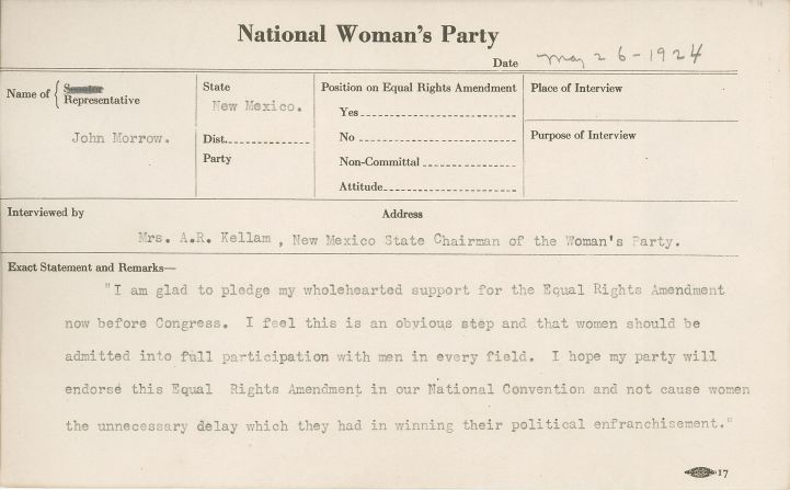This 1924 National Woman's Party congressional voting card notes Rep. John Morrow's support for the Equal Rights Amendment. "I feel this is an obvious step and that women should be admitted into full participation with men in every field," he says.