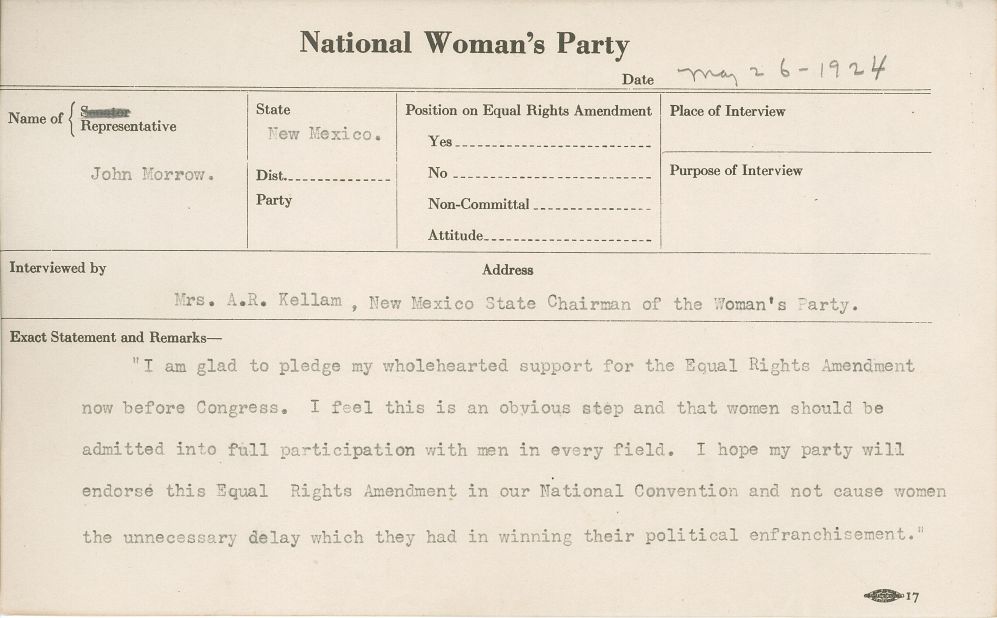 This 1924 National Woman's Party congressional voting card notes Rep. John Morrow's support for the Equal Rights Amendment. "I feel this is an obvious step and that women should be admitted into full participation with men in every field," he says.