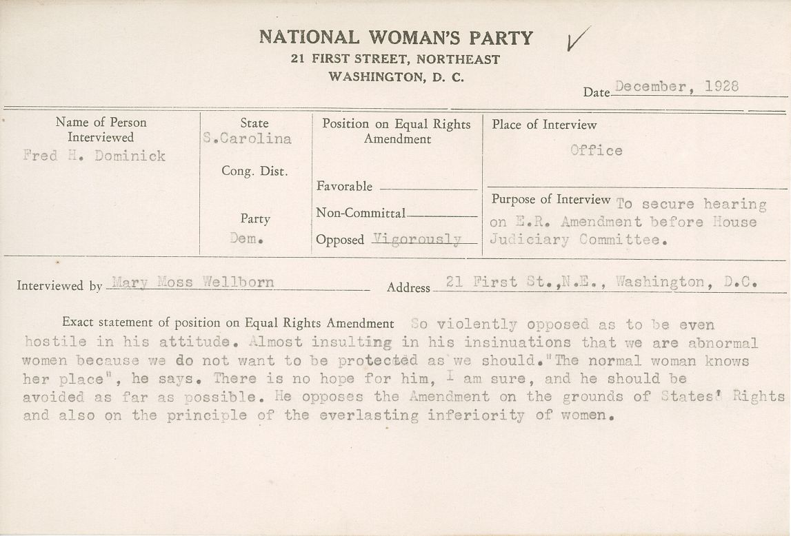This 1928 National Woman's Party congressional voting card on a meeting with South Carolina Democrat Fred Dominick notes he opposes the Equal Rights Amendment, saying, "The normal woman knows her place."