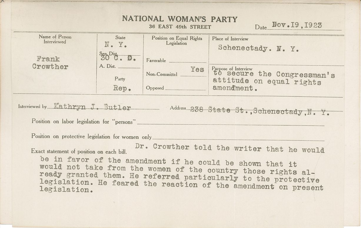 This 1923 National Woman's Party congressional voting card outlines a meeting with Republican Frank Crowther of New York. Crowther says he would support the Equal Rights Amendment if it didn't interfere with rights already granted to women, particularly regarding protective labor legislation.
