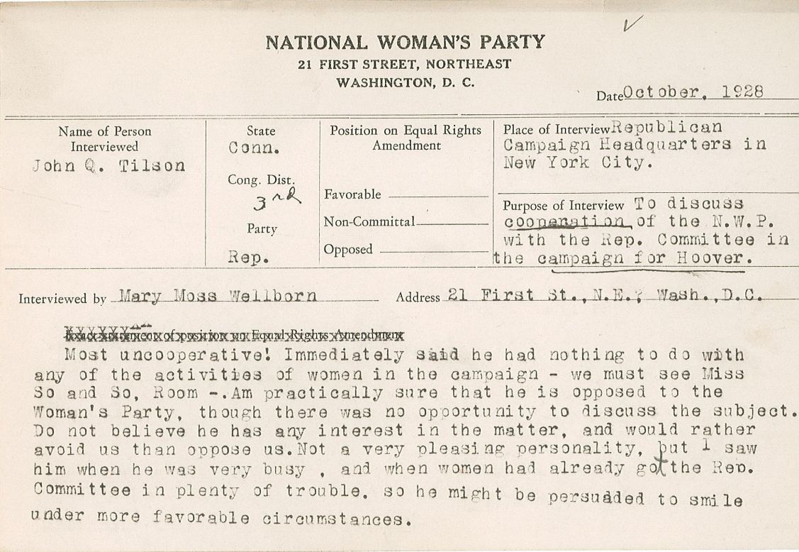 This 1928 National Woman's Party congressional voting card indicates a meeting with Republican John Tilson of Connecticut didn't go well.