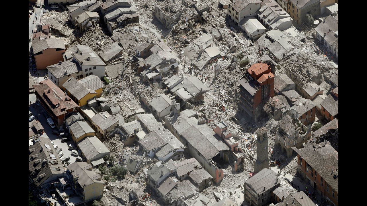 A bird's eye view of Amatrice shows the devastation after the deadly quake struck on Wednesday, August 24.