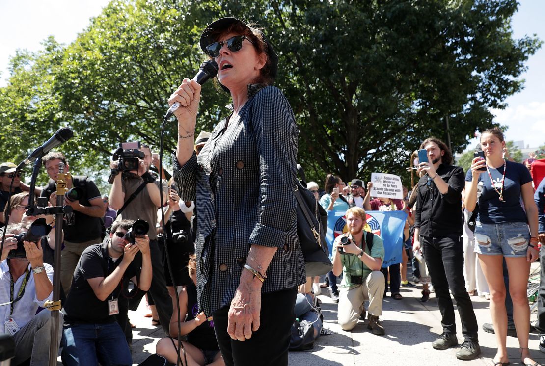 Susan Sarandon addresses a rally against the pipeline last week outside federal court in Washington.