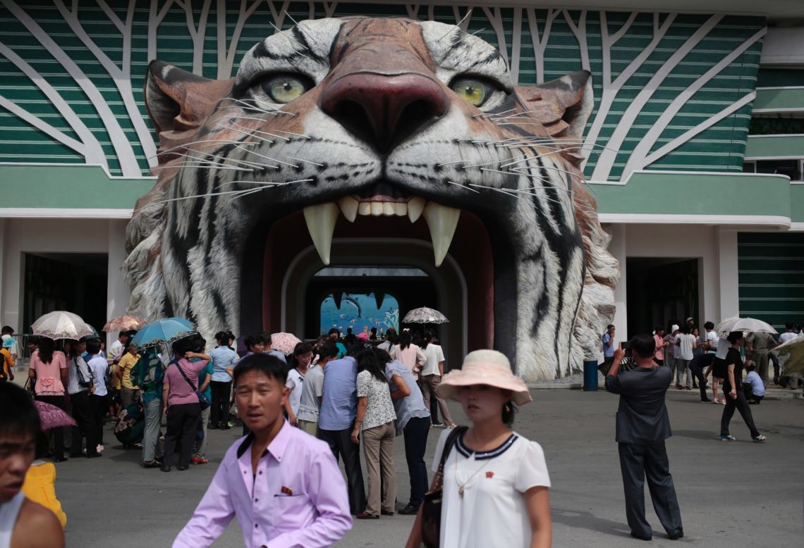 Visitors wait at the gate of the newly opened Pyongyang Central Zoo in the North Korean capital.