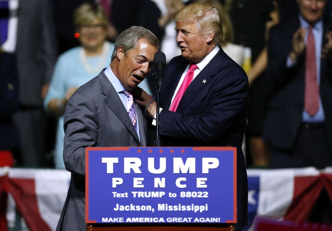 Former UKIP leader Nigel Farage supports then-candidate Donald Trump at a campaign rally in Jackson, Mississippi, last August.