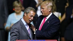 JACKSON, MS - AUGUST 24: Republican Presidential nominee Donald Trump, right, greets United Kingdom Independence Party leader Nigel Farage during a campaign rally at the Mississippi Coliseum on August 24, 2016 in Jackson, Mississippi. Thousands attended to listen to Trump's address in the traditionally conservative state of Mississippi. (Photo by Jonathan Bachman/Getty Images)