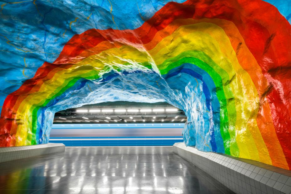 Stockholm's Tunnelbana metro system stretches 110 kilometers. Since the 1950s, more than 150 artists have left their signature imprints on its stations. Pictured: Stadion, Stockholm. <br />