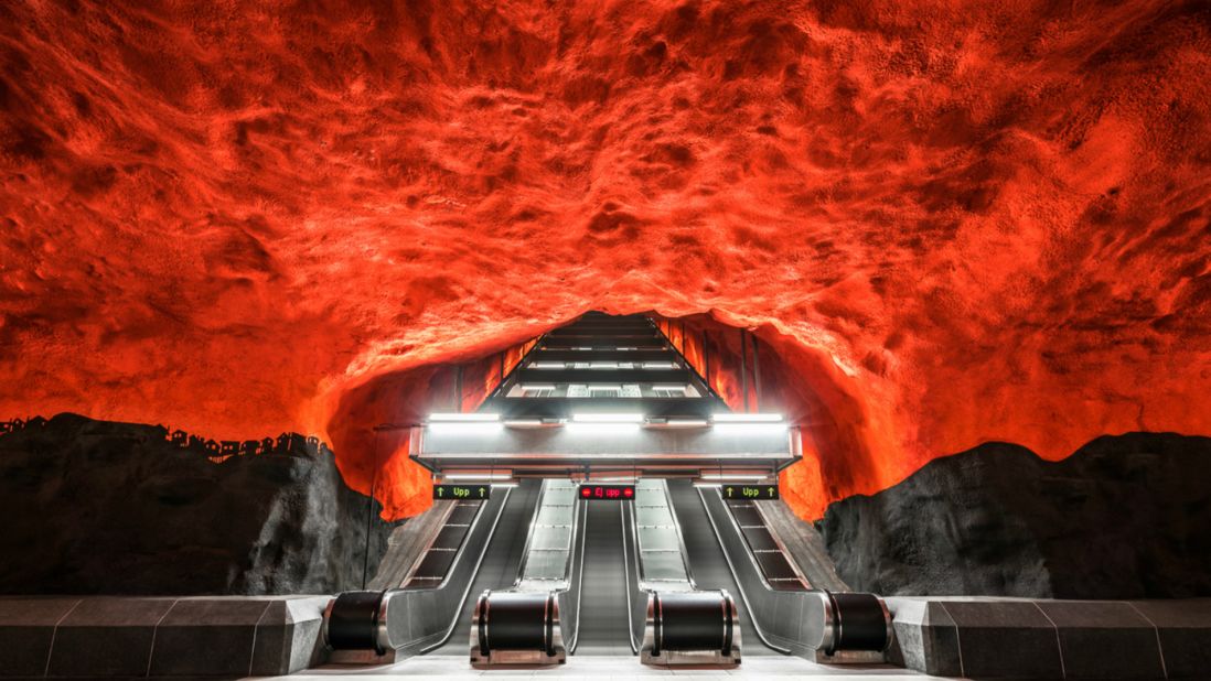 "Stockholm's Tunnelbana is known as the world's longest art exhibit," Forsyth explains. "Many of its stations have kept their raw, cave-like form, and include larger than life hand-painted walls and ceilings." Pictured: Solna Centrum, Stockholm. <br />
