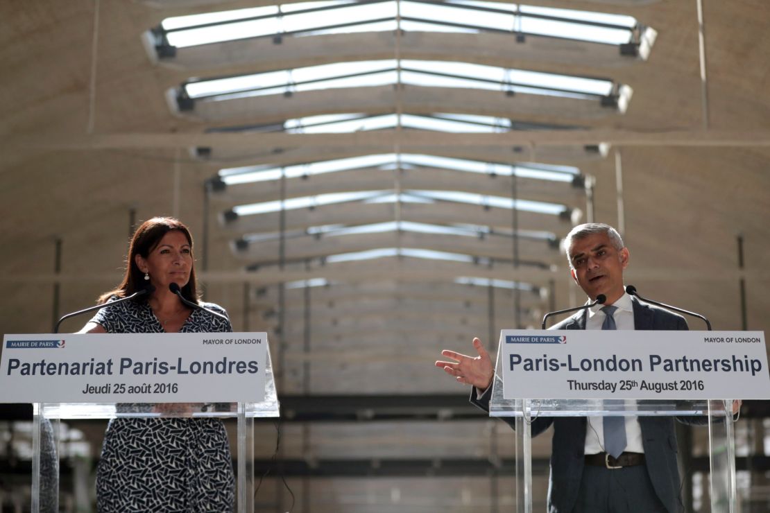 London Mayor Sadiq Khan meets his Paris counterpart, Anne Hidalgo, in the French capital Thursday.