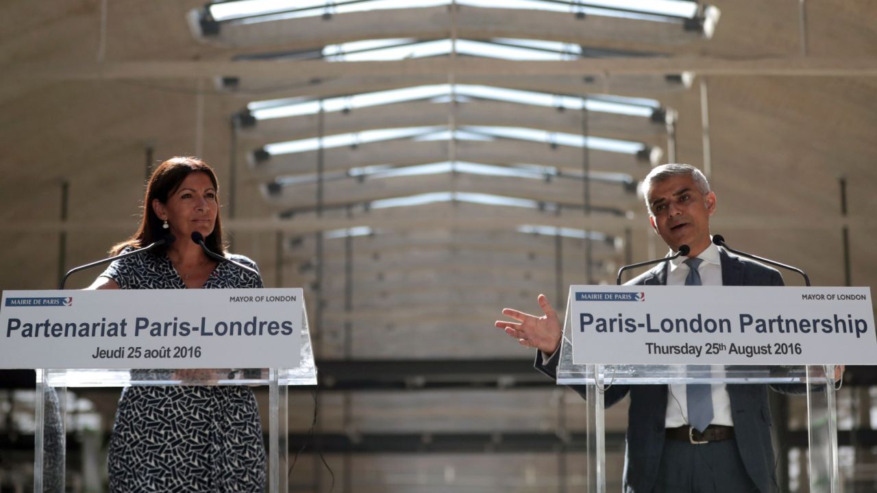 London Mayor Sadiq Khan meets his Paris counterpart, Anne Hidalgo, in the French capital Thursday.