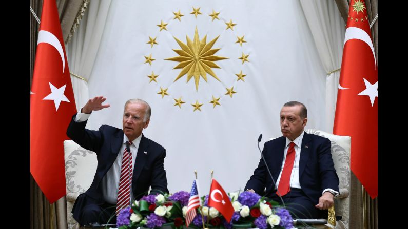 US Vice President Joe Biden, left, and President Recep Tayyip Erdogan of Turkey speak to the media after a meeting in Ankara, Turkey, on Wednesday, August 24. Their meeting comes less than two months after a <a href="http://www.cnn.com/2016/08/24/politics/joe-biden-turkey-coup-us-support/" target="_blank">failed military coup in Turkey</a>, a coup the Turkish government blames on a 75-year-old Muslim cleric living in Pennsylvania.