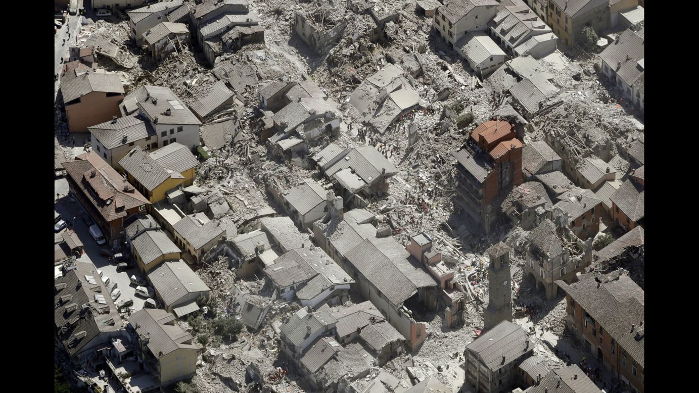 An aerial view of Amatrice, Italy, shows the devastation from a <a href="http://www.cnn.com/2016/08/24/europe/italy-earthquake-towns/" target="_blank">6.2-magnitude earthquake</a> on Wednesday, August 24. The earthquake struck just days ahead of the city's "Festival of the Spaghetti all'Amatriciana."