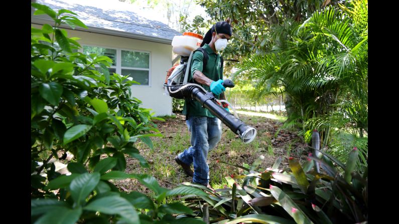 Aaron Anderson sprays anti-mosquito insecticide behind a home in Oldsmar, Florida, on Tuesday, August 23. Mosquito-control workers have been <a href="http://www.cnn.com/videos/health/2016/08/25/naled-spraying-miami-zika-cohen-dnt.cnn" target="_blank">trying to combat the growing Zika virus threat</a>.