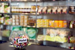 Halal sweets are displayed at a trade fair in Paris. 
