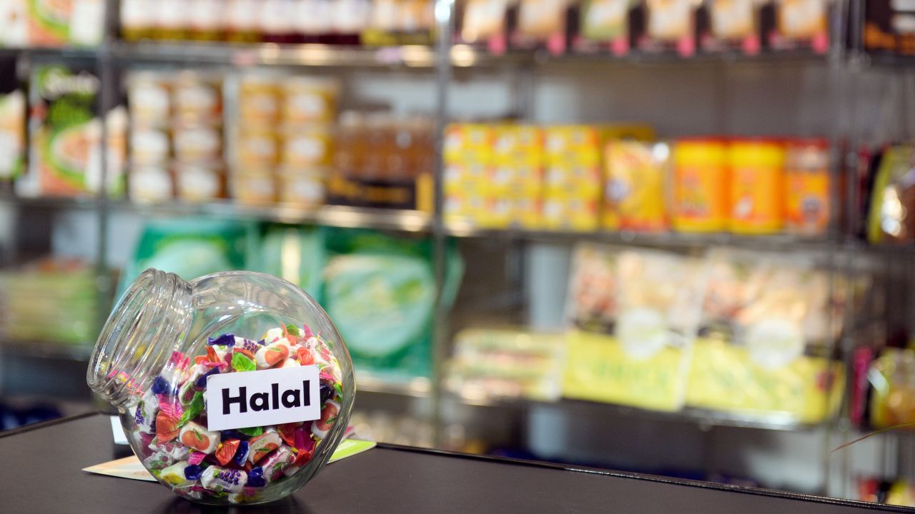 Halal sweets are displayed at a trade fair in Paris.