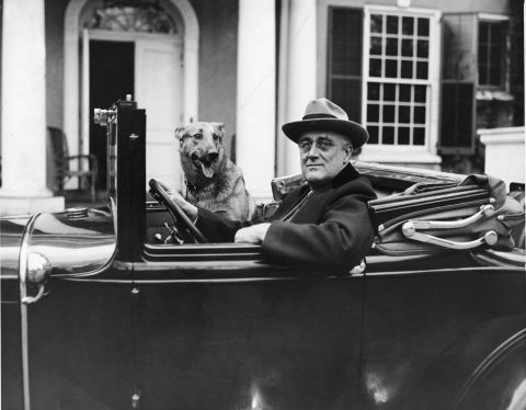 Roosevelt sits behind the wheel of his car outside of his home in Hyde Park, New York, with his German shepherd, Major, in the mid-1930s.