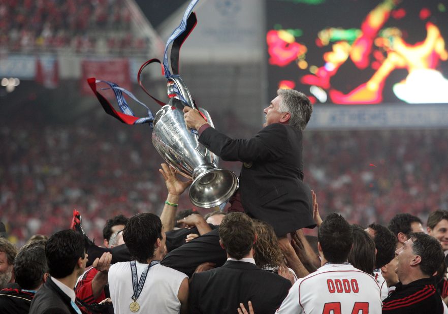 Ancelotti will largely be remembered at Milan for the two Champions League titles he brought the club -- in 2003 and 2007. Here, he celebrates the latter success, as Milan beat Liverpool in Athens to gain revenge for the dramatic 2005 final against the same opponents.