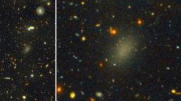 The dark galaxy Dragonfly 44. The image on the left is a wide view of the galaxy taken with the Gemini North telescope using the Gemini Multi-Object Spectrograph (GMOS) as part of a Fast Turnaround program. The close-up on the right is from the same very deep image, revealing the large, elongated galaxy, and halo of spherical clusters of stars around the galaxy's core, similar to the halo that surrounds our Milky Way Galaxy. Dragonfly 44 is very faint for its mass, and consists almost entirely of Dark Matter.
