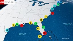 Estimated return period in years for hurricanes passing within 50 nautical miles of various locations on the U.S. Coast.
