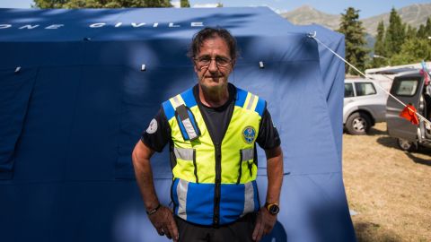 Pieroni Pietro, a volunteer with the Civil Hospital Protection Service in a volunteer camp in Amatrice. Pietro is part of a unit that trains canines to locate people.