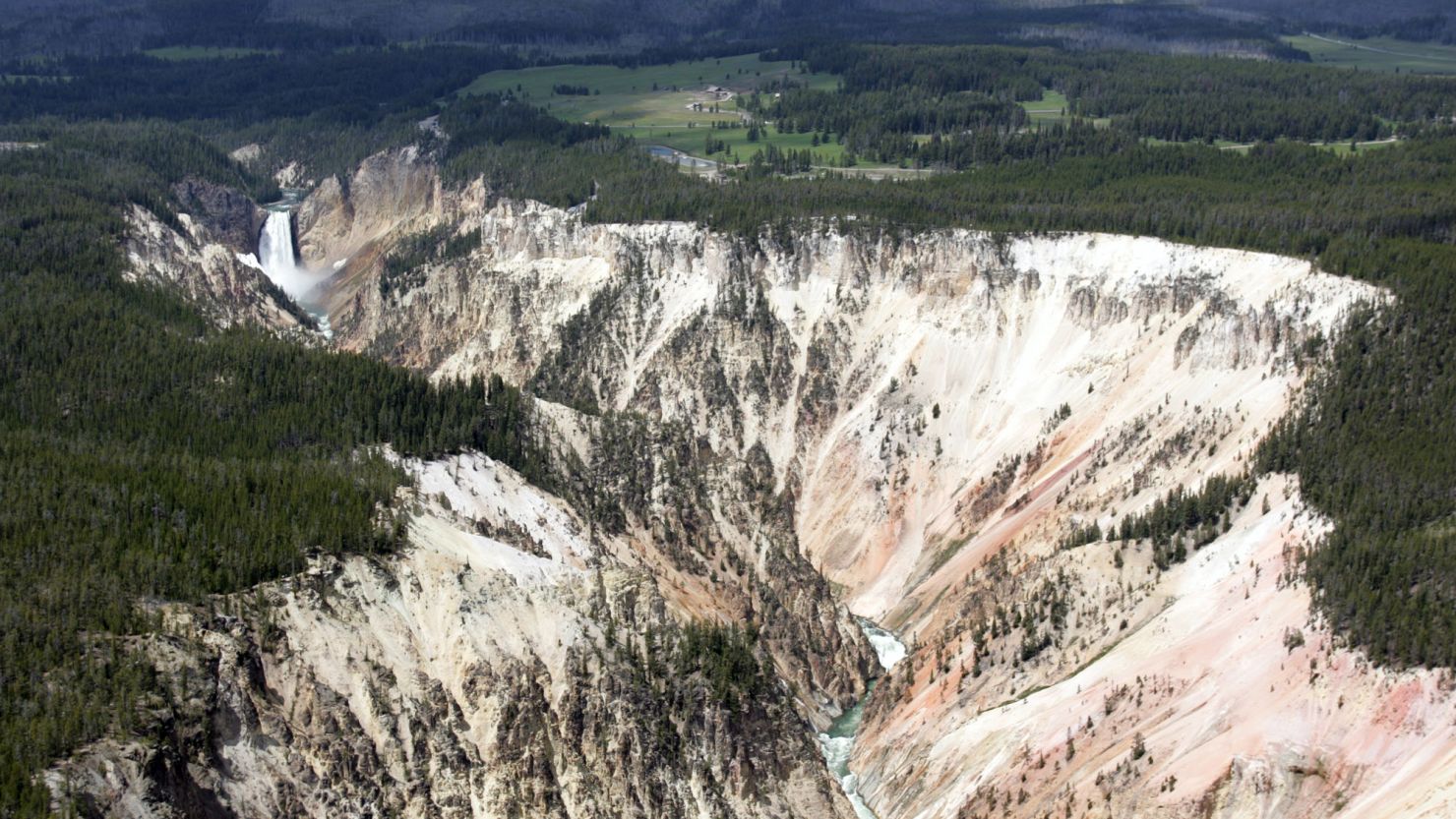 Aerial view of Lower Falls and Grand Canyon of the Yellowstone River .