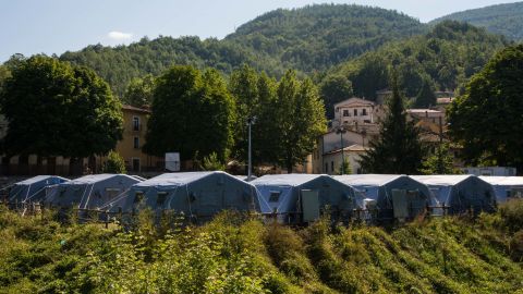 A view of the tent camp set up by the Civil Protection Agency in the Abruzzo region as temporary housing for displaced residents from the mountain commune of Accumoli.
