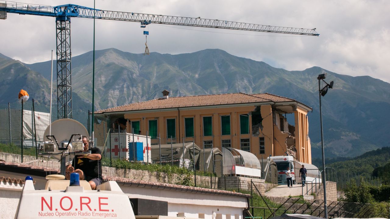The destroyed convent of Amatrice is visible from the Italian Red Cross field headquarters in Amatrice. 
