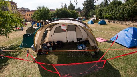 An camp for emergency volunteers is erected in a park in Amatrice.